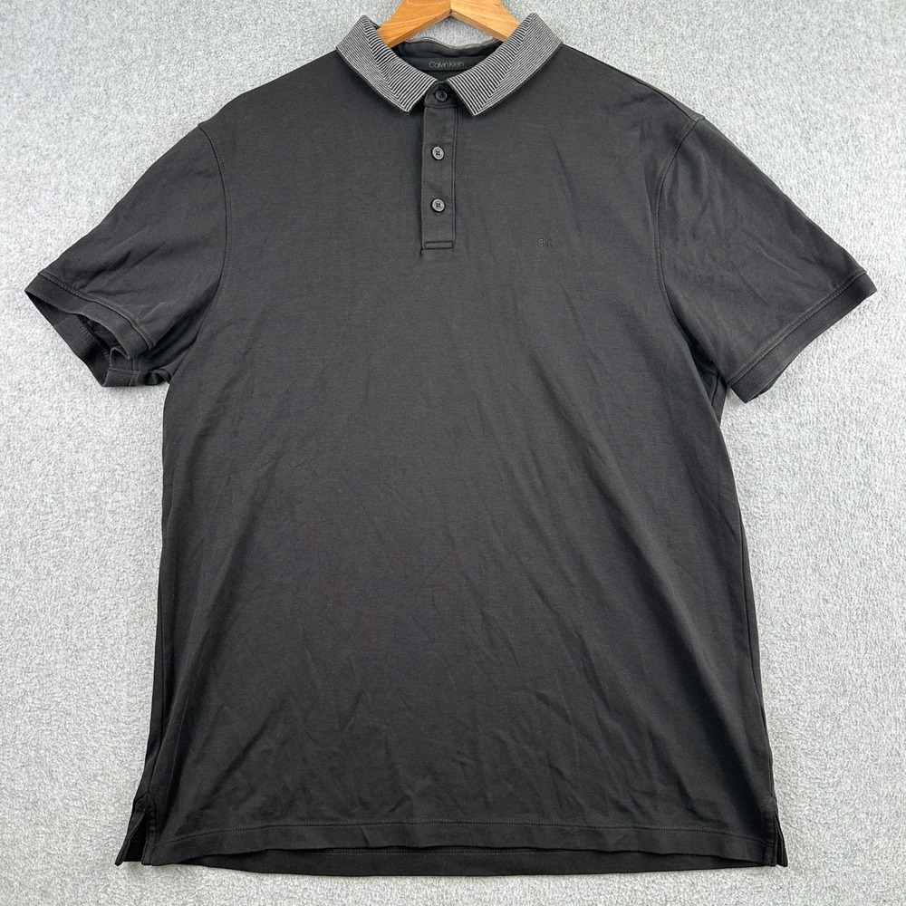 Calvin Klein Polo Mens Large Black Liquid Touch Short Sleeve Striped Collar Logo